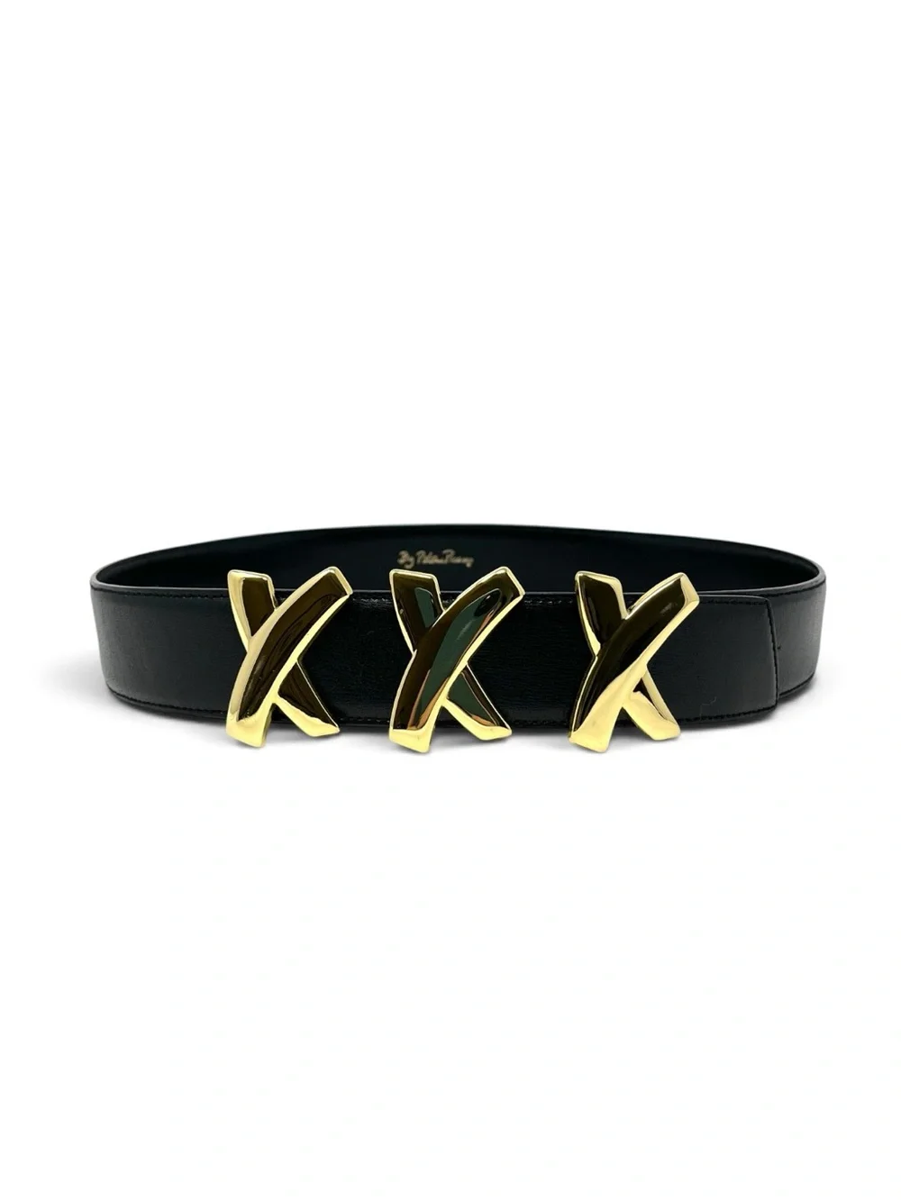 Vintage Paloma Picasso Wide Black Leather Belt And With Gold Triple X Buckle S